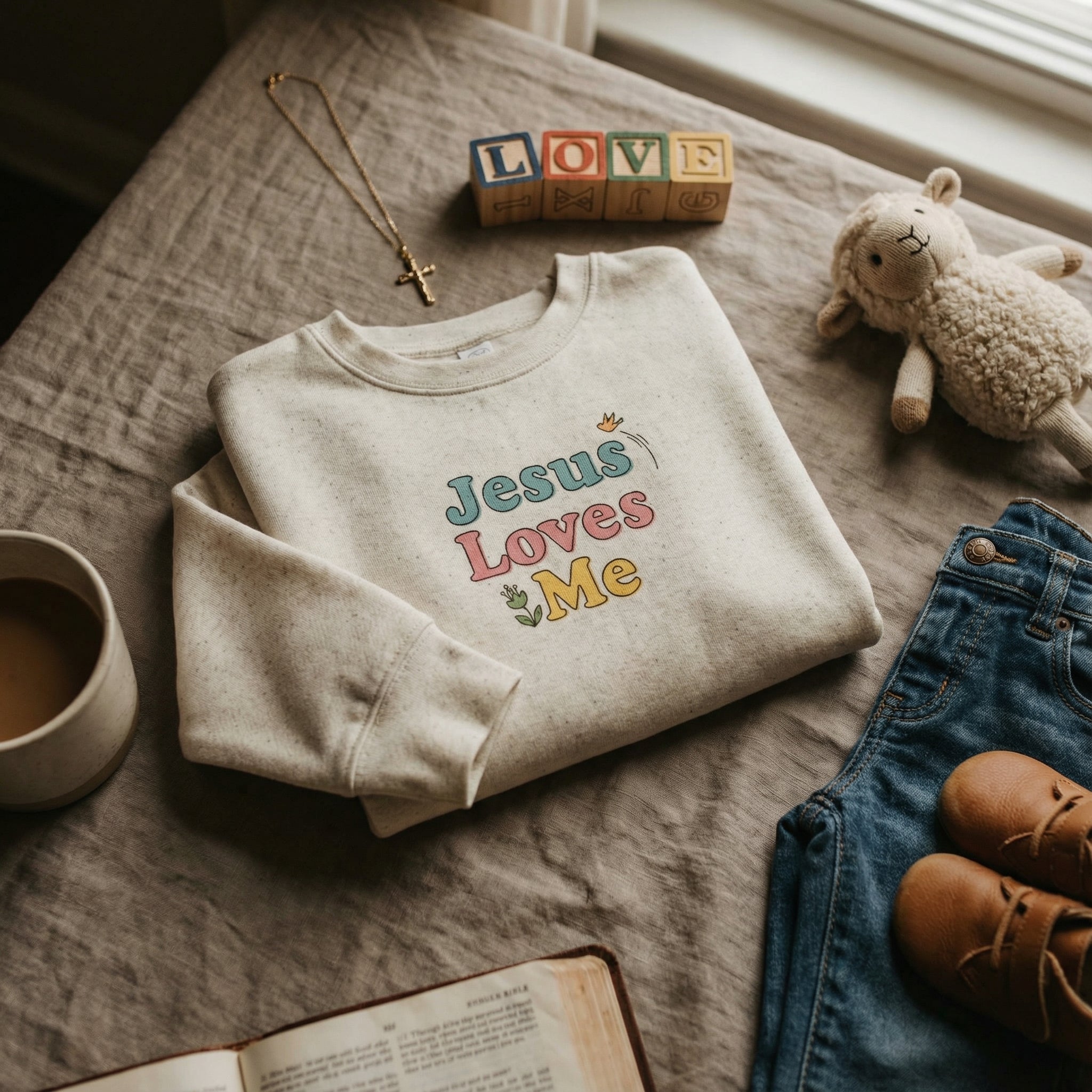 Sudadera pastel "Jesús me ama" para niño | Suéter cristiano para niño 